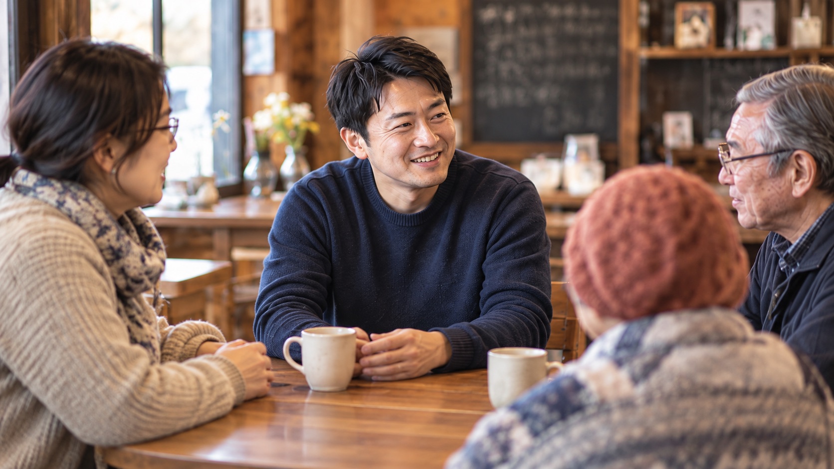 地域の人とカフェで話す場面のイメージ