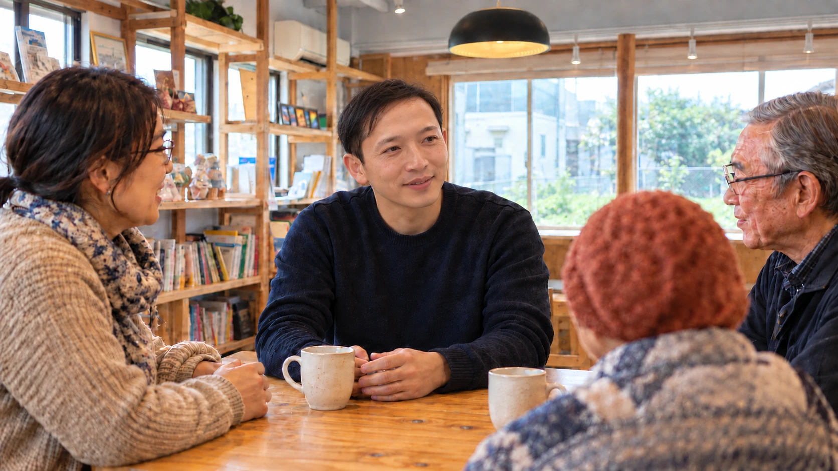 地域の人とカフェで話す場面のイメージ